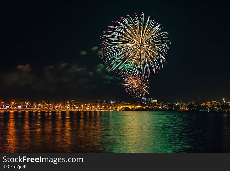 Firework over Voronezh river during celebration of Victory day anniversary festival