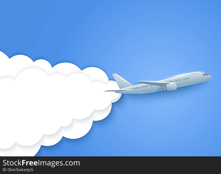 Plane in the clouds. Aircraft and paper clouds. Vector.