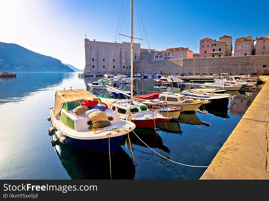 Dubrovnik harbor and city walls morning view, Dalmatia region of Croatia