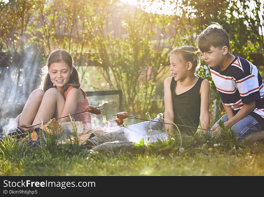 Children enjoy campfire. Siblings family toasting sausages on the garden at sunset.