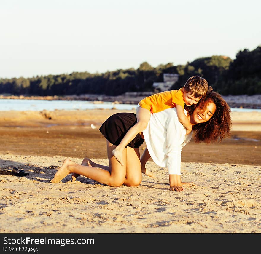 Pretty diverse nation and age friends on sea coast having fun, lifestyle people concept on beach summer vacations close up