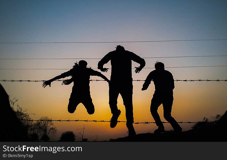 Three Person Silhouette Photo during Golden Hour