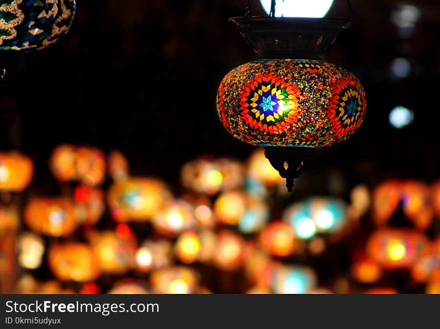 Orange and Multicolored Stain Glass Lampshade