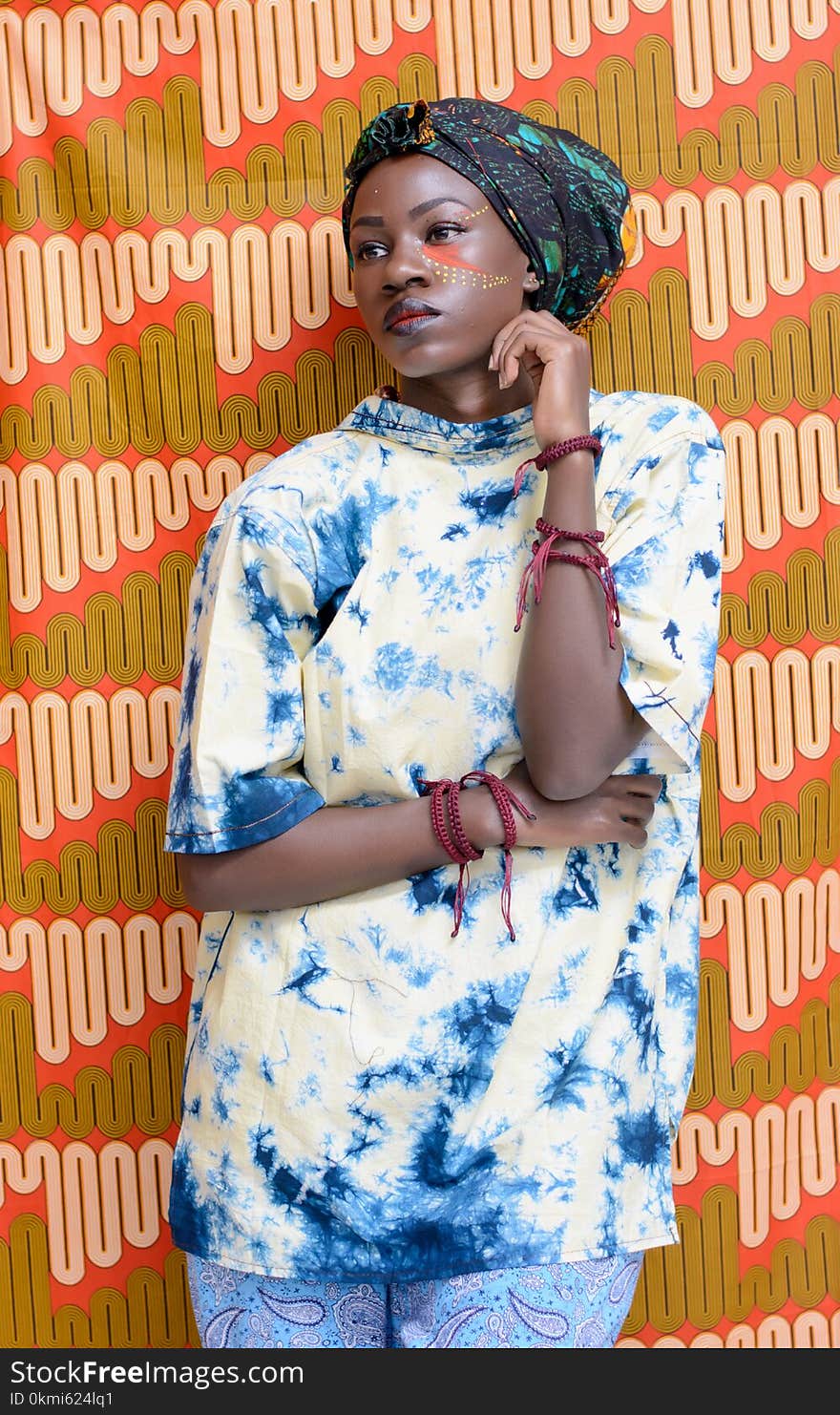 Woman in White and Blue Acid Washed Short-sleeved Shirt