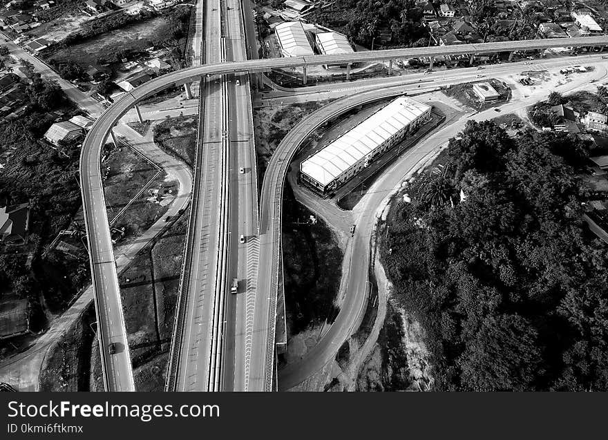 Grayscale Top View Photography of Roads Near Trees