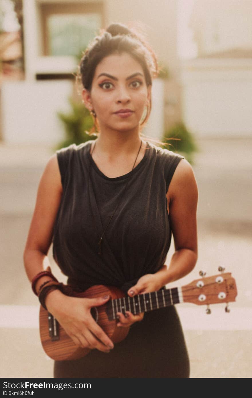 Woman Holding Brown Ukulele String Instrument