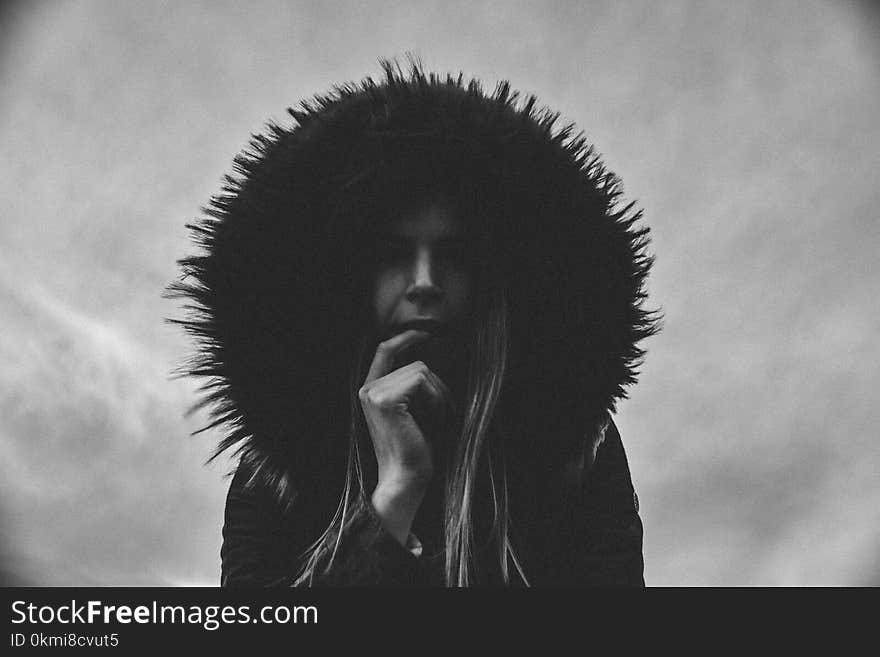 Woman Wearing Hooded Jacket Grayscale Photo