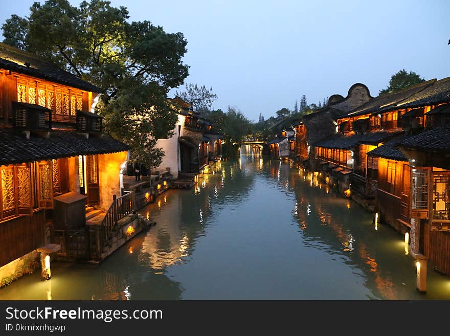 Chinese Architecture, Waterway, Reflection, Town