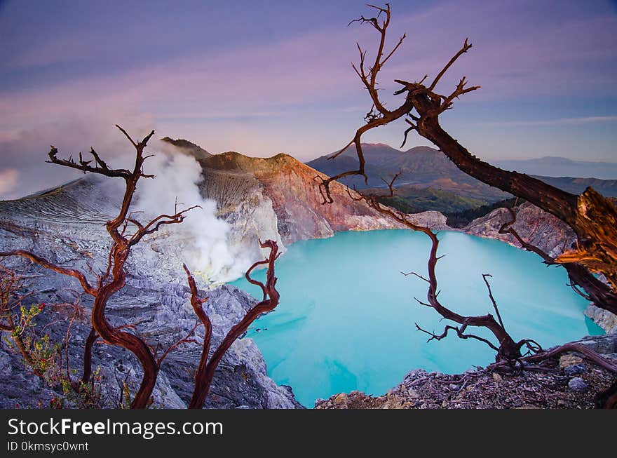 Amazing panorama landscape at sunrise on ijen crater volcano