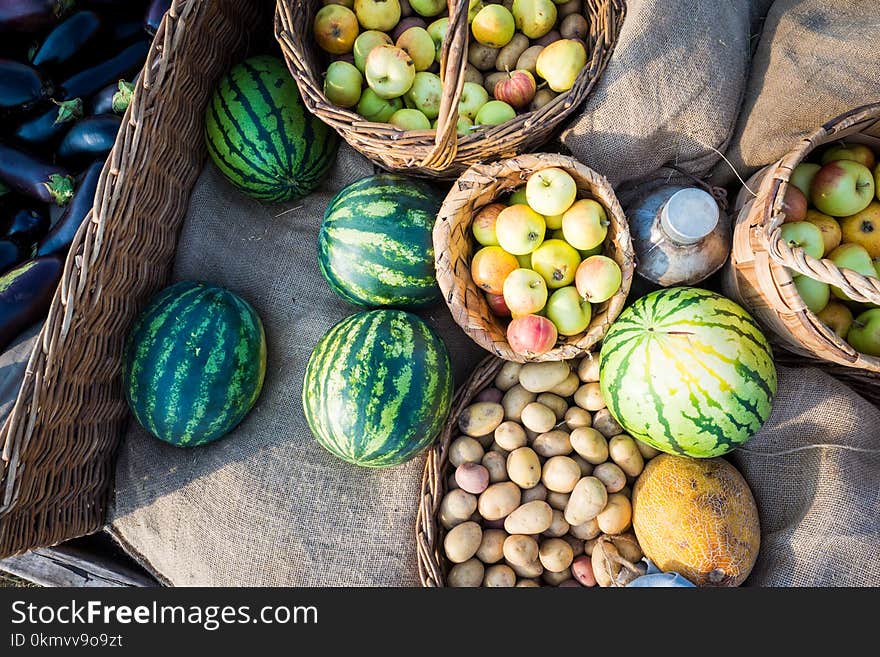 Top view of fresh vegetables lying on the fabric. Top view of fresh vegetables lying on the fabric