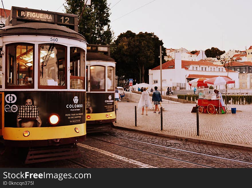 Two Black-and-yellow Trains at Daytime