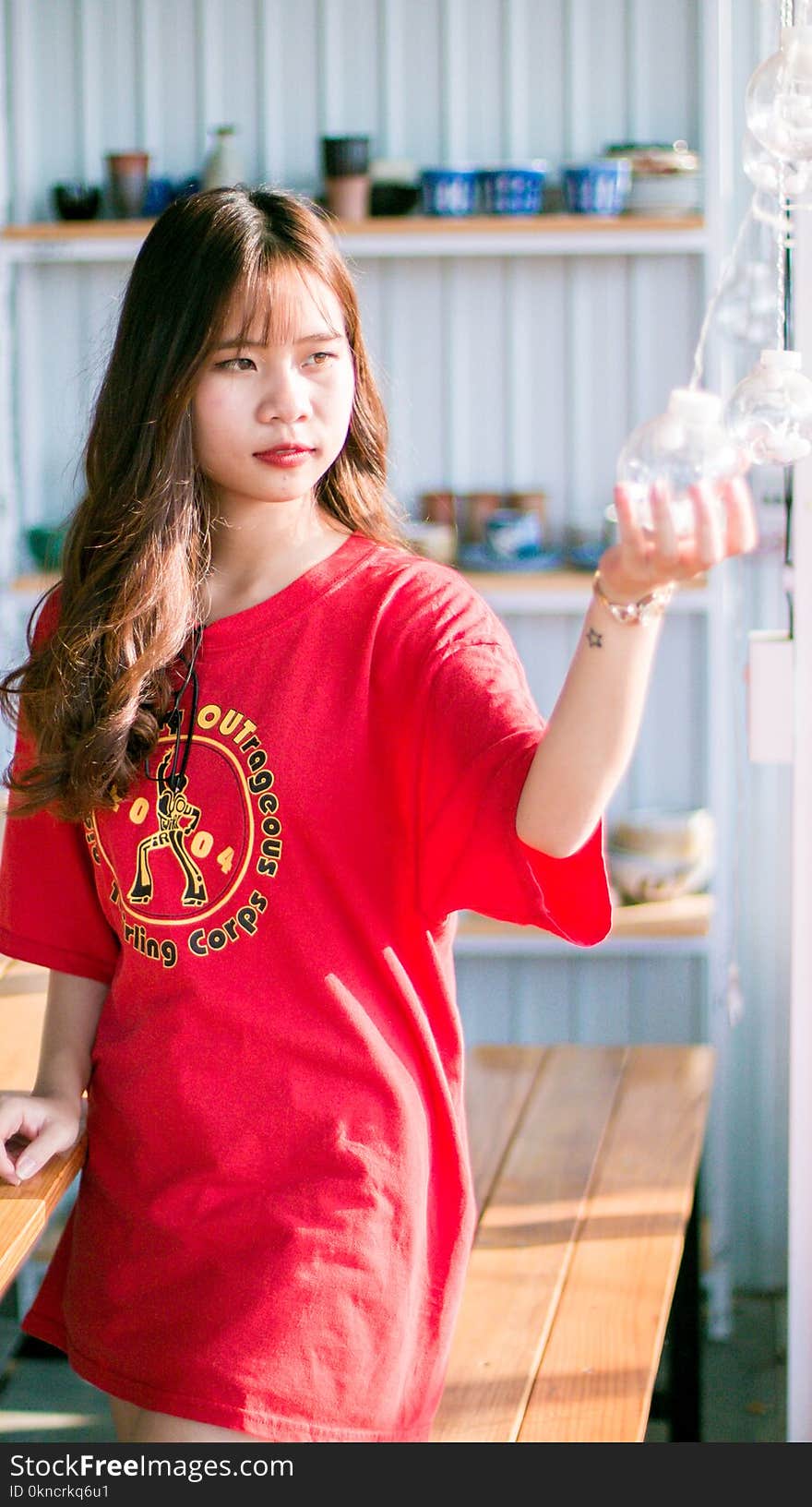 Woman Wearing Red Crew-neck Shirt