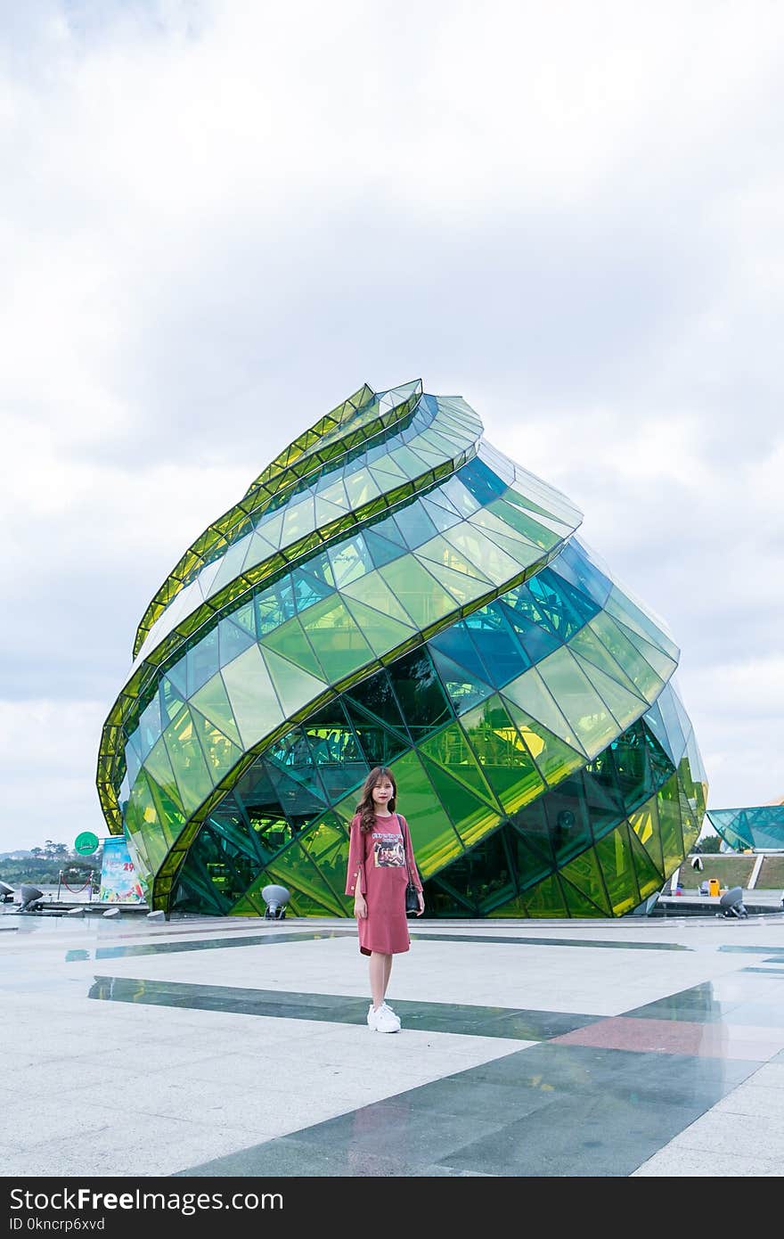 Woman in Pink Long-sleeved Midi Dress Standing Near Green and Blue Landmark Under Gray and White Sunny Cloudy Sky during