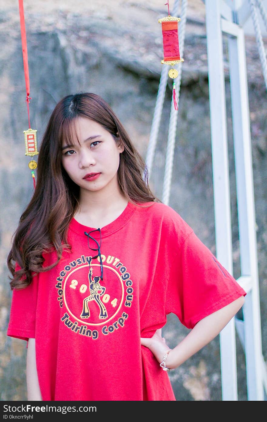 Woman Wearing Red Crew-neck T Shirt