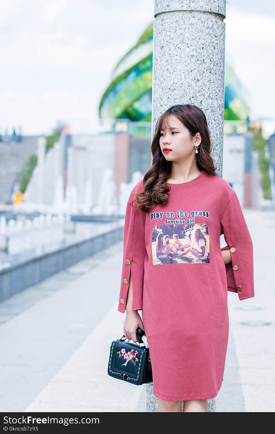 Woman Wearing Pink Crew-neck Long-sleeved Dress Standing Beside Gray Marble Pedestal Column