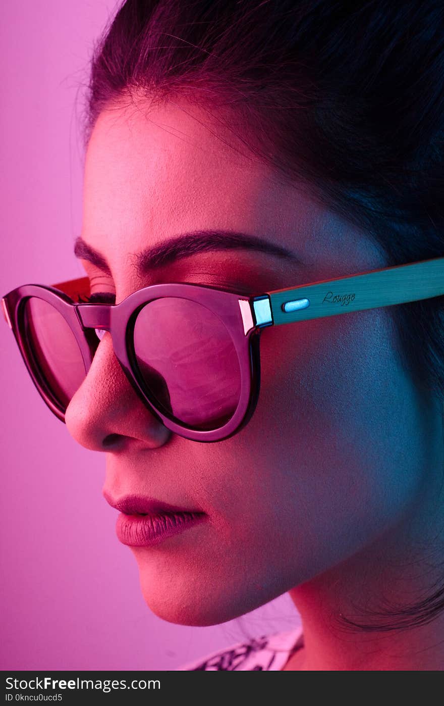 Woman Wearing Black Framed Wayfarer-style Sunglasses