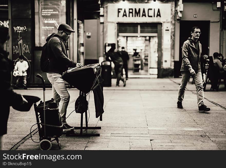 Grayscale Photography of Farmacia Store Front