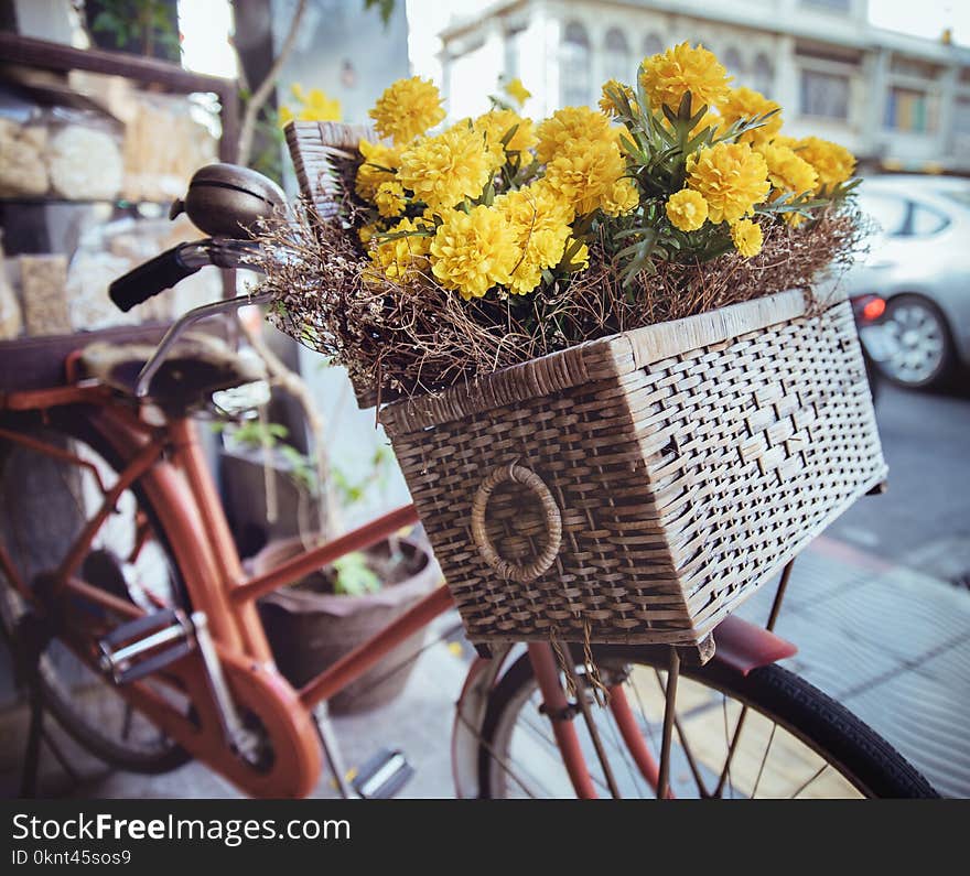 Closeup picture of a vintage bike with flowers in a basket