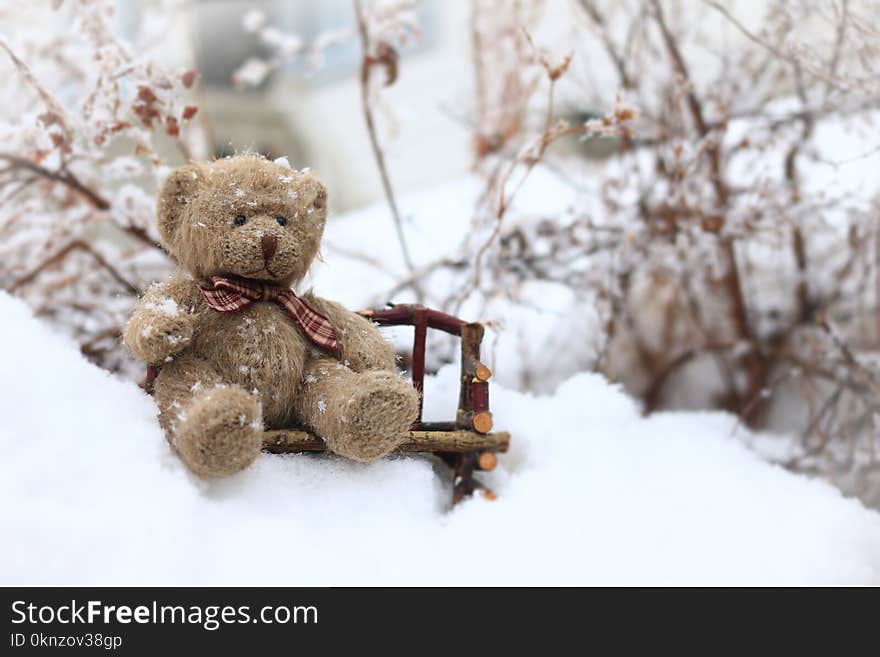 Teddy bear sitting on a bench in the snow