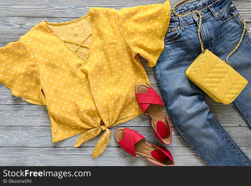 Womens clothing, accessories, shoes yellow blouse in polka dot