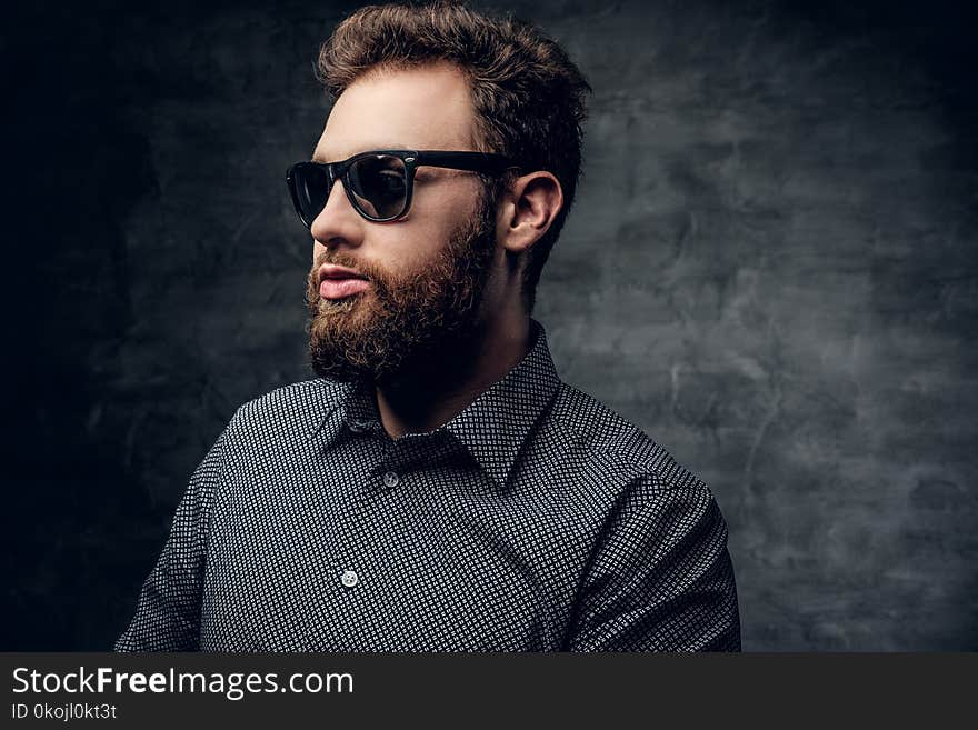 Bearded male in sunglasses over grey background.