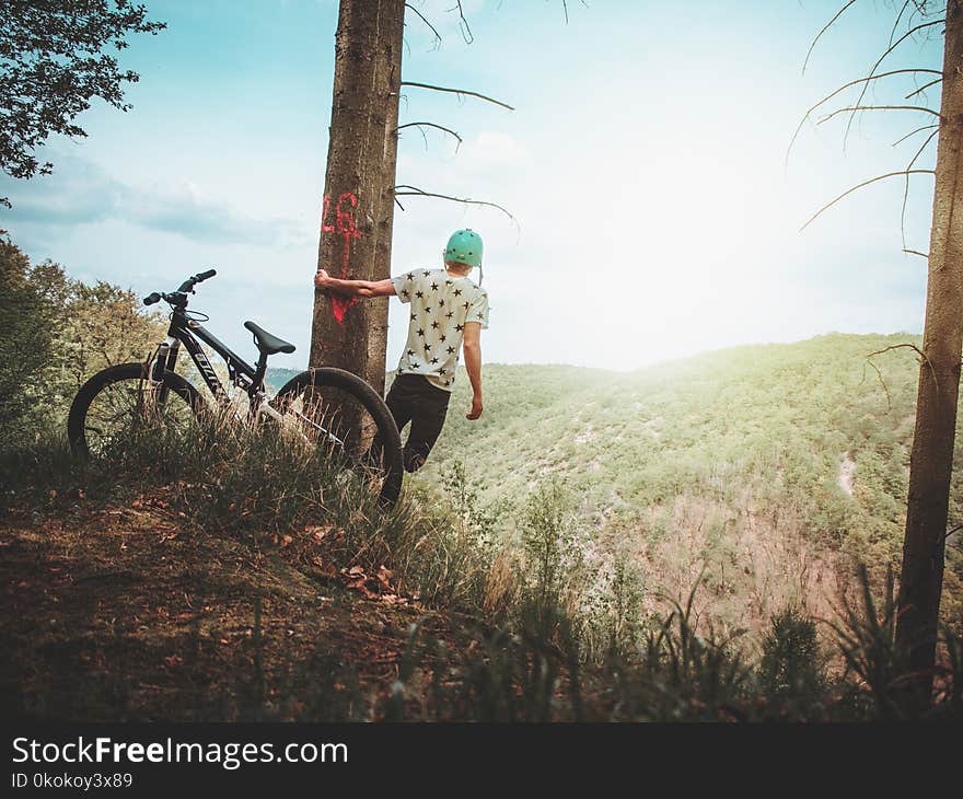 Man Holding Tree Enjoying the View Mountain