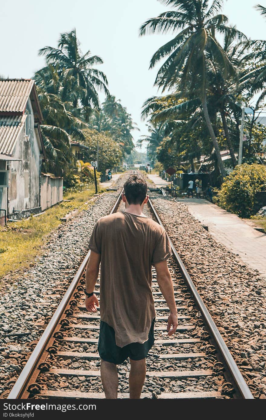 Man in Brown Shirt Standing on Train Rail Near Coconut Palms. Photo by Oliver Sjostrom from ollivves.com