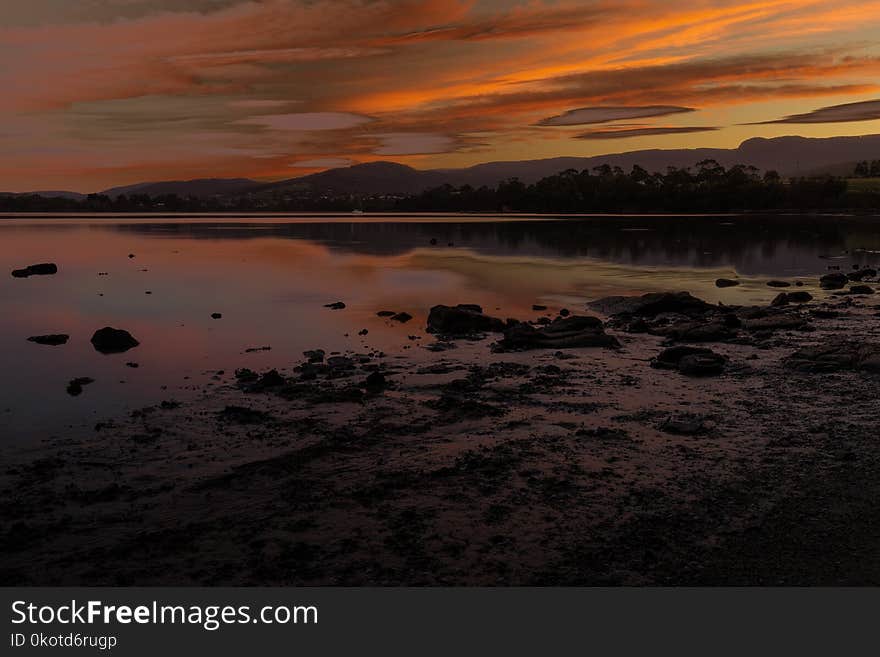 Loch, Reflection, Sky, Sunset