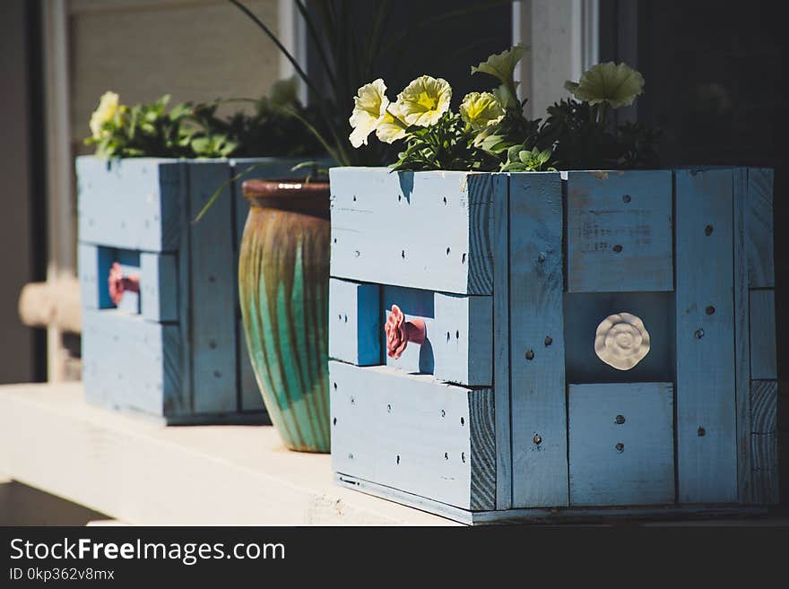 Two Blue Wooden Pots