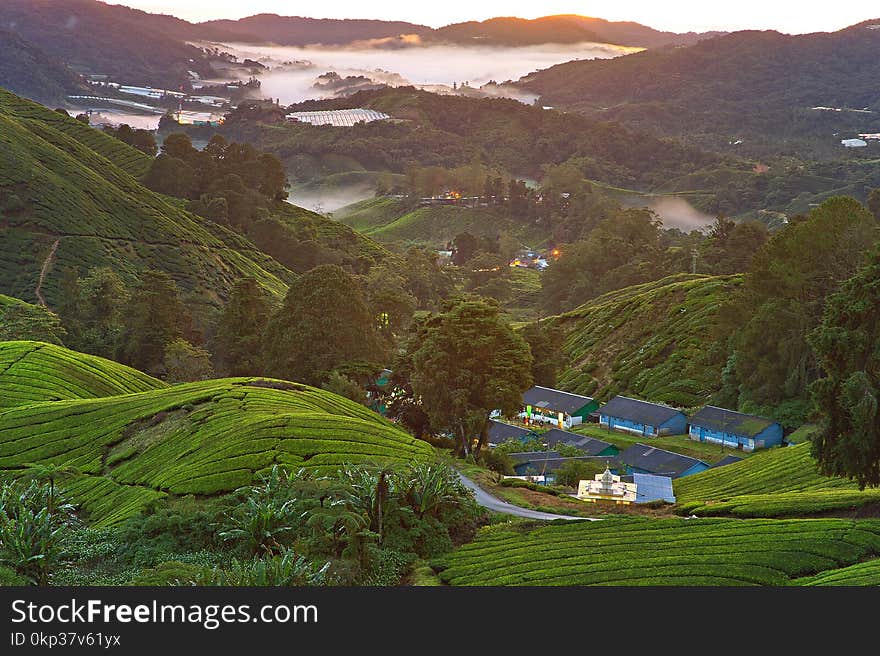 High Angle Photography of Village on Green Mountains