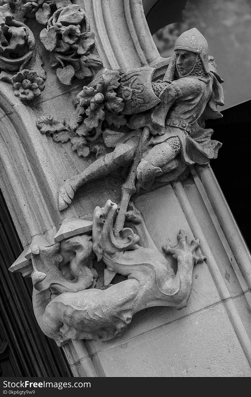 Sculpture, Stone Carving, Black And White, Gargoyle