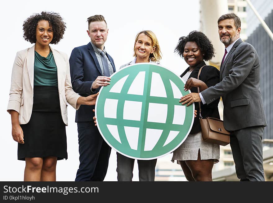 Five Men and Women Holding Logo