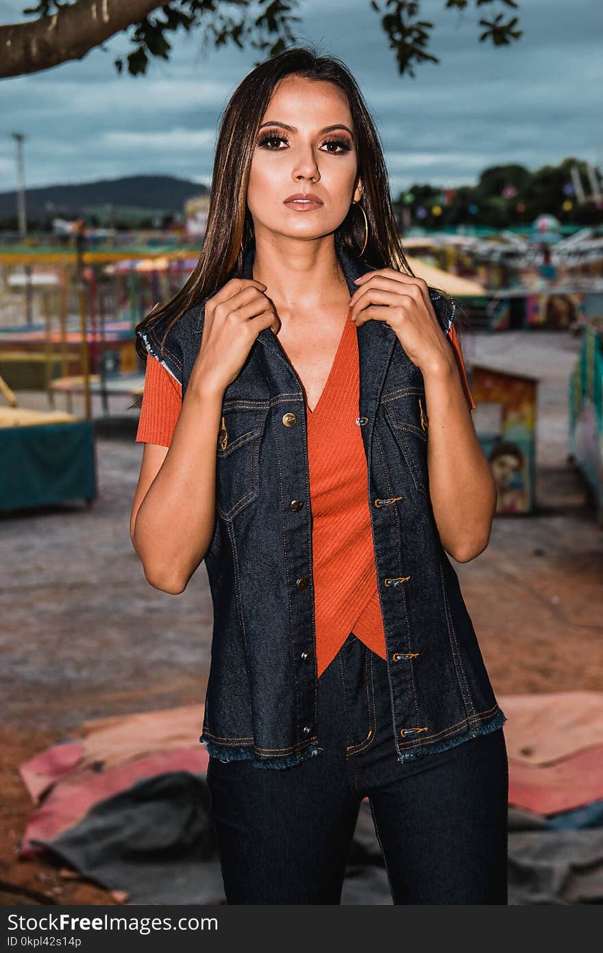 Woman In Orange V-neck T-shirt