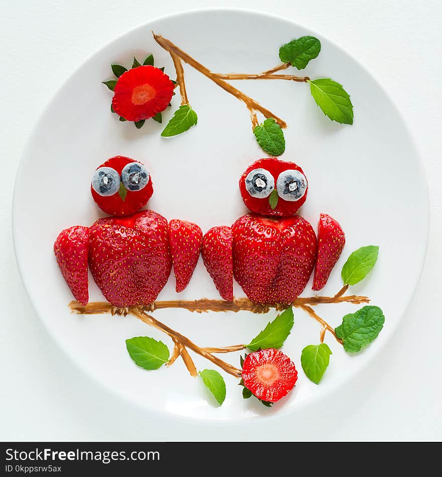 Food art creative concept. Owls sitting on a branch. Strawberry, blueberry, chocolate, mint composition.