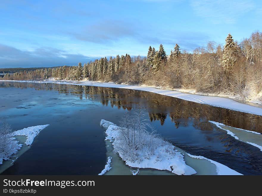 Reflection, Winter, Water, Snow