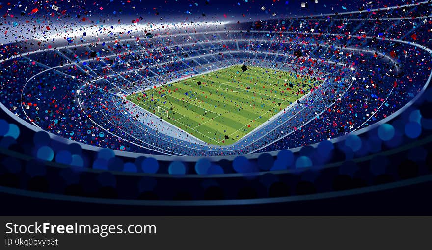 Drawing of wide angle view of a stadium full of people at night in blue tones with blue, red and white confetti falling