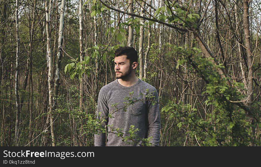 Man in Gray Crew-neck Long-sleeved Shirt Standing Near Plants