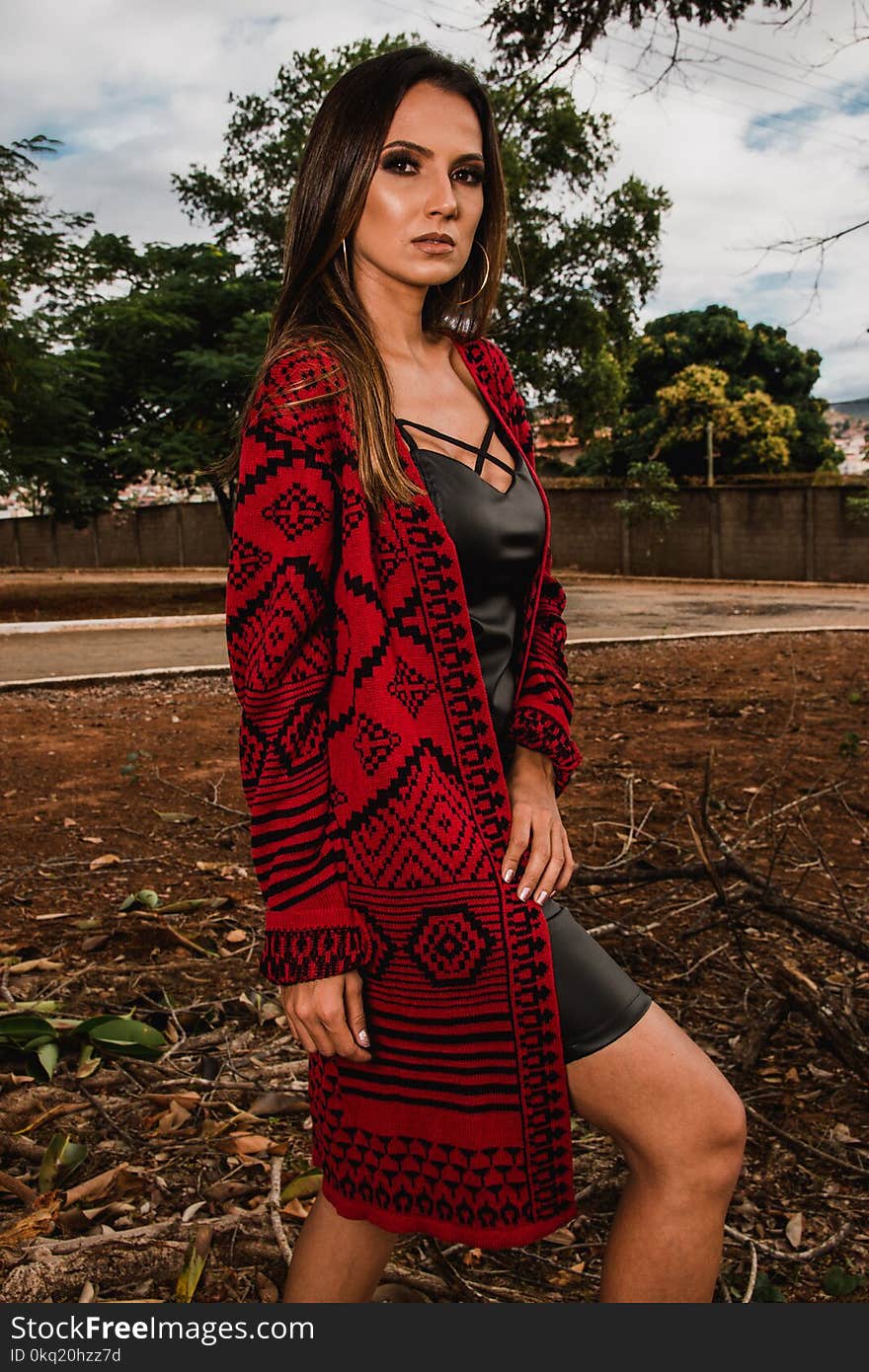 Women Wearing Red and Black Cardigan