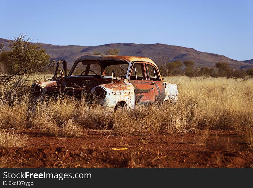 Photo of Corroded Vintage White and Red Sedan on Brown Grass