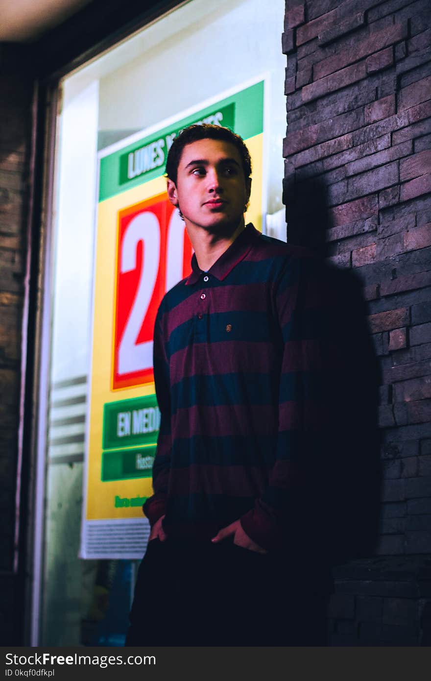 Man Wearing Blue and red Striped Collared Half-button Long-sleeved Shirt