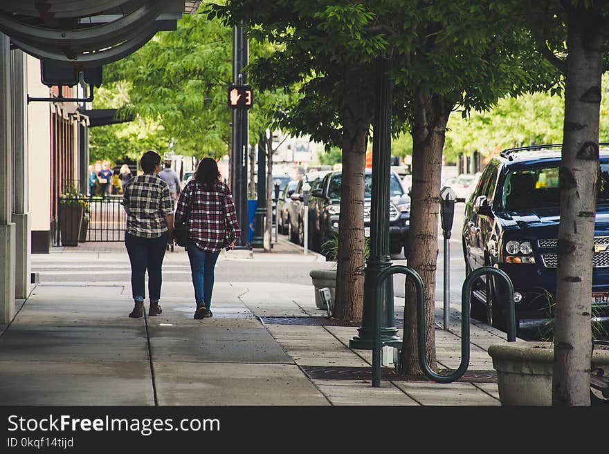 Two Woman in Plaid Sport Shirt Walking on Concrete Pathway Near Street