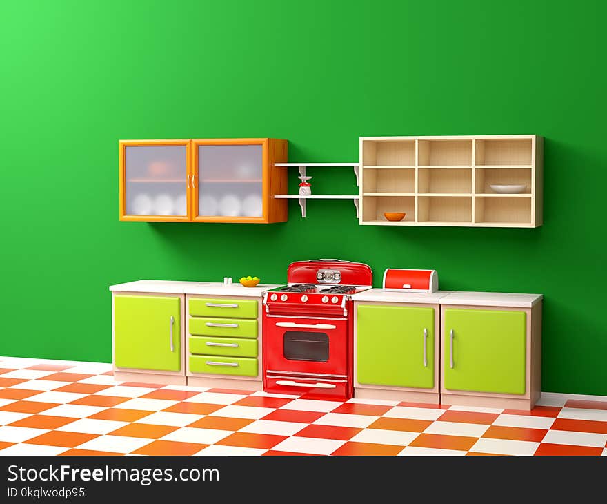 Flat retro kitchen interior in 50s style. 3d illustration. Flat retro kitchen interior in 50s style. 3d illustration