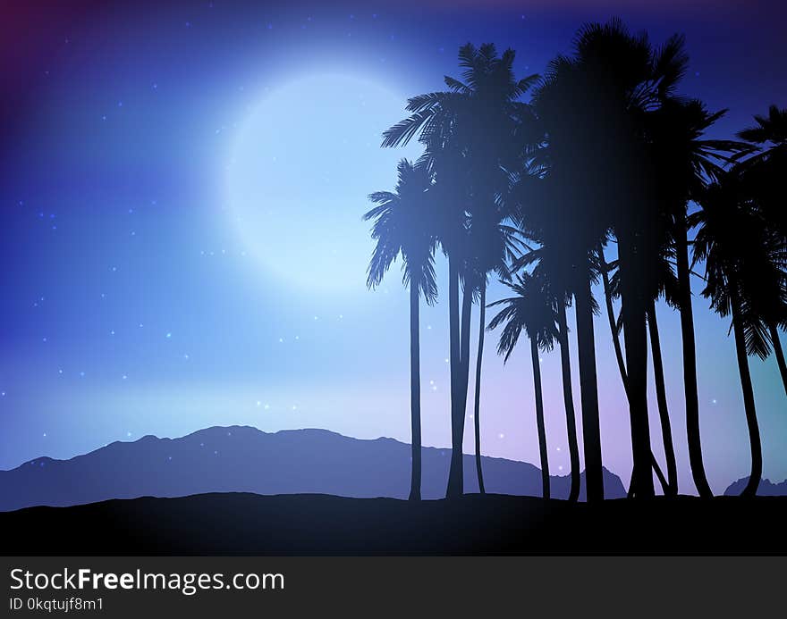 Silhouette of a palm tree landscape against a night sky. Silhouette of a palm tree landscape against a night sky