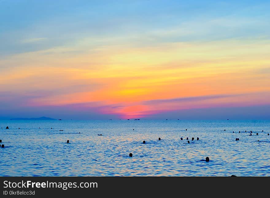 People Swimming On Sea During Golden Hour