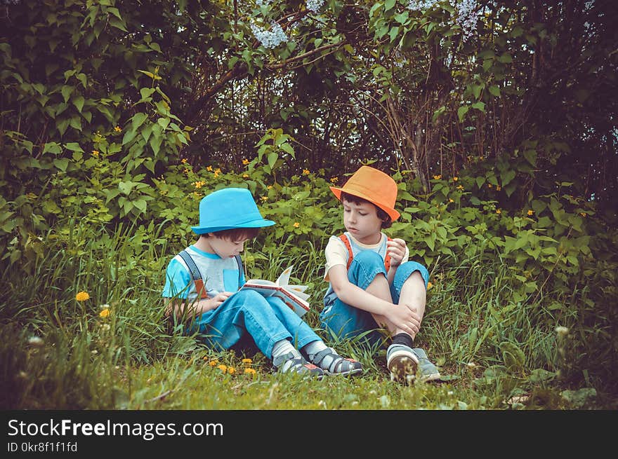 Girl and Boy Sitting on Grass Field Surrounded by Trees