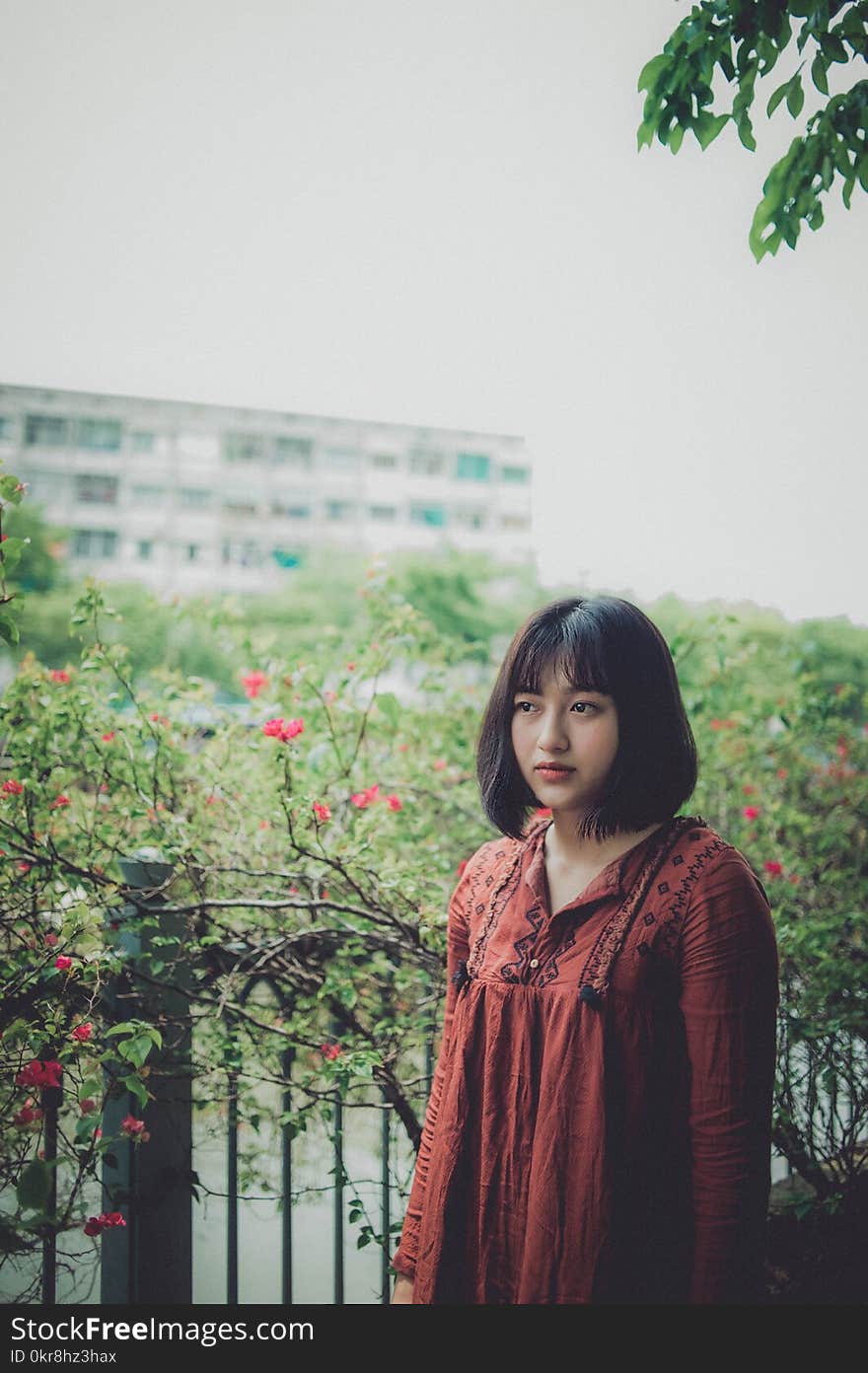 Lowlight Photography of Woman in Red Shirt Standing Beside Plant