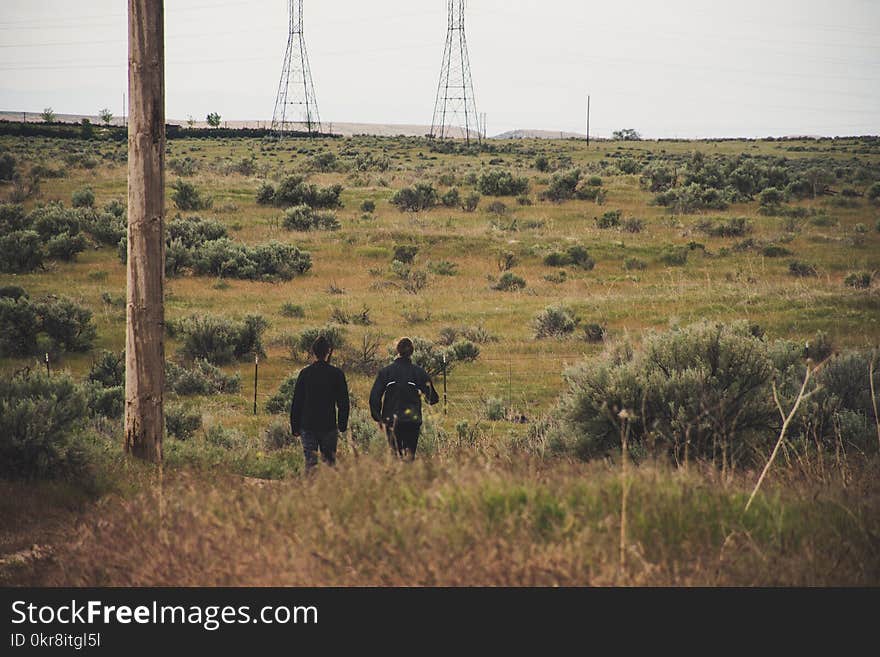 Two Men Walking on Grassy Field