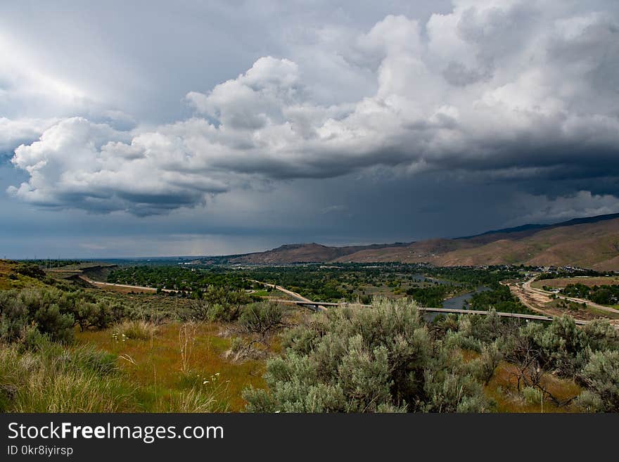 Green Foliage Treed Near Mountain Range With Cloudy Skies