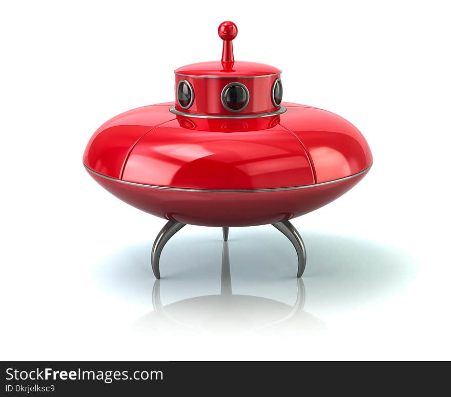 Red ufo space ship standing on the ground 3d illustration