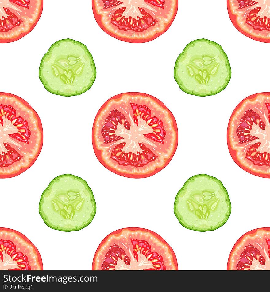 Vector seamless pattern of tomato slices and cucumber slices on white background